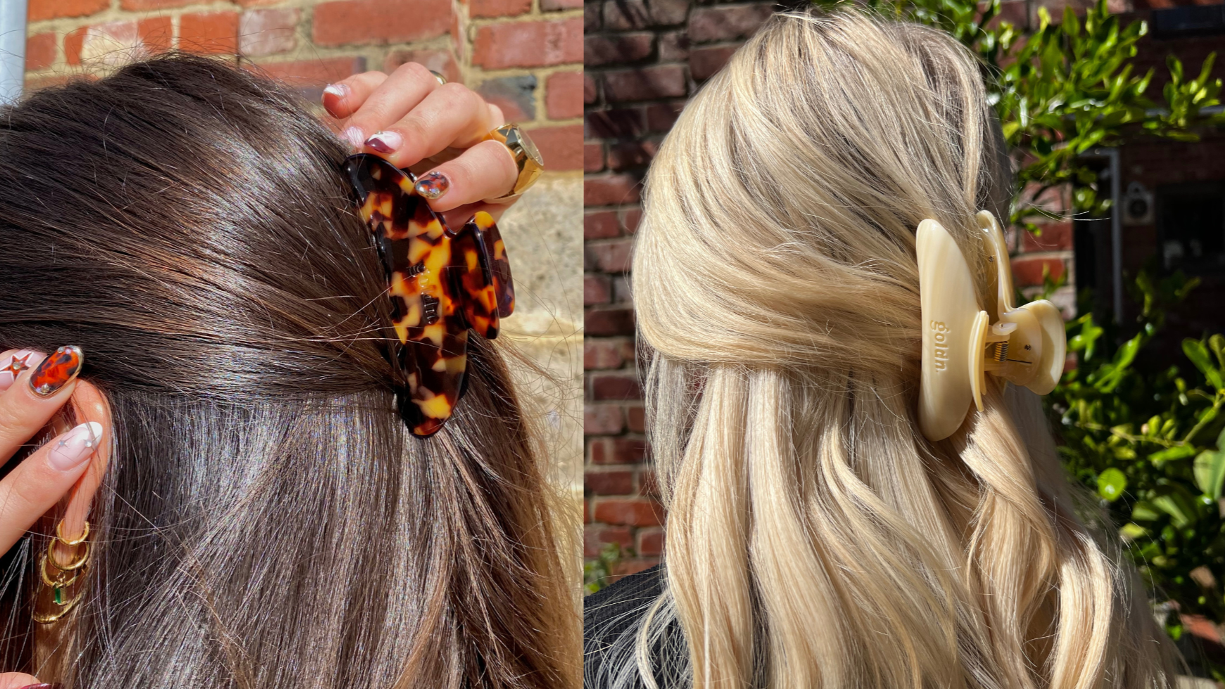 Two hair accessories being used on different hairstyles against a brick wall and greenery background.