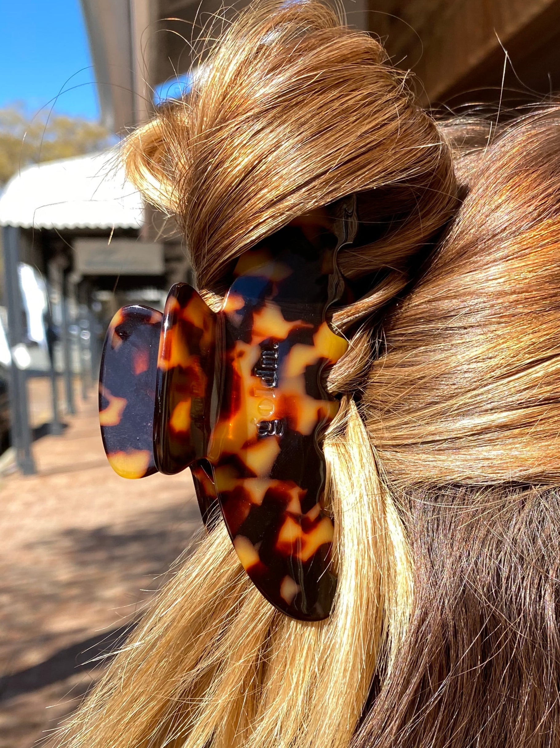 Close-up of a hair bun with a tortoiseshell clip against a blurred indoor background