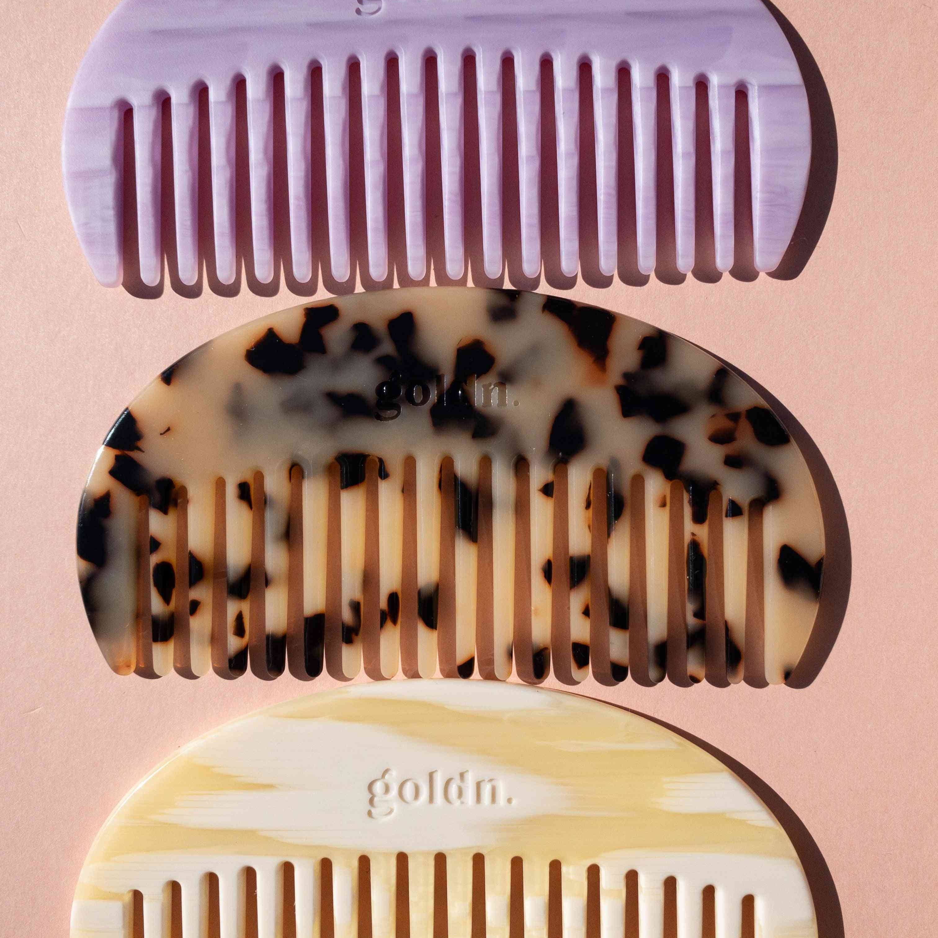 eco friendly acetate arch wide tooth comb in lilac, tortiseshell and cream marble by Goldn
