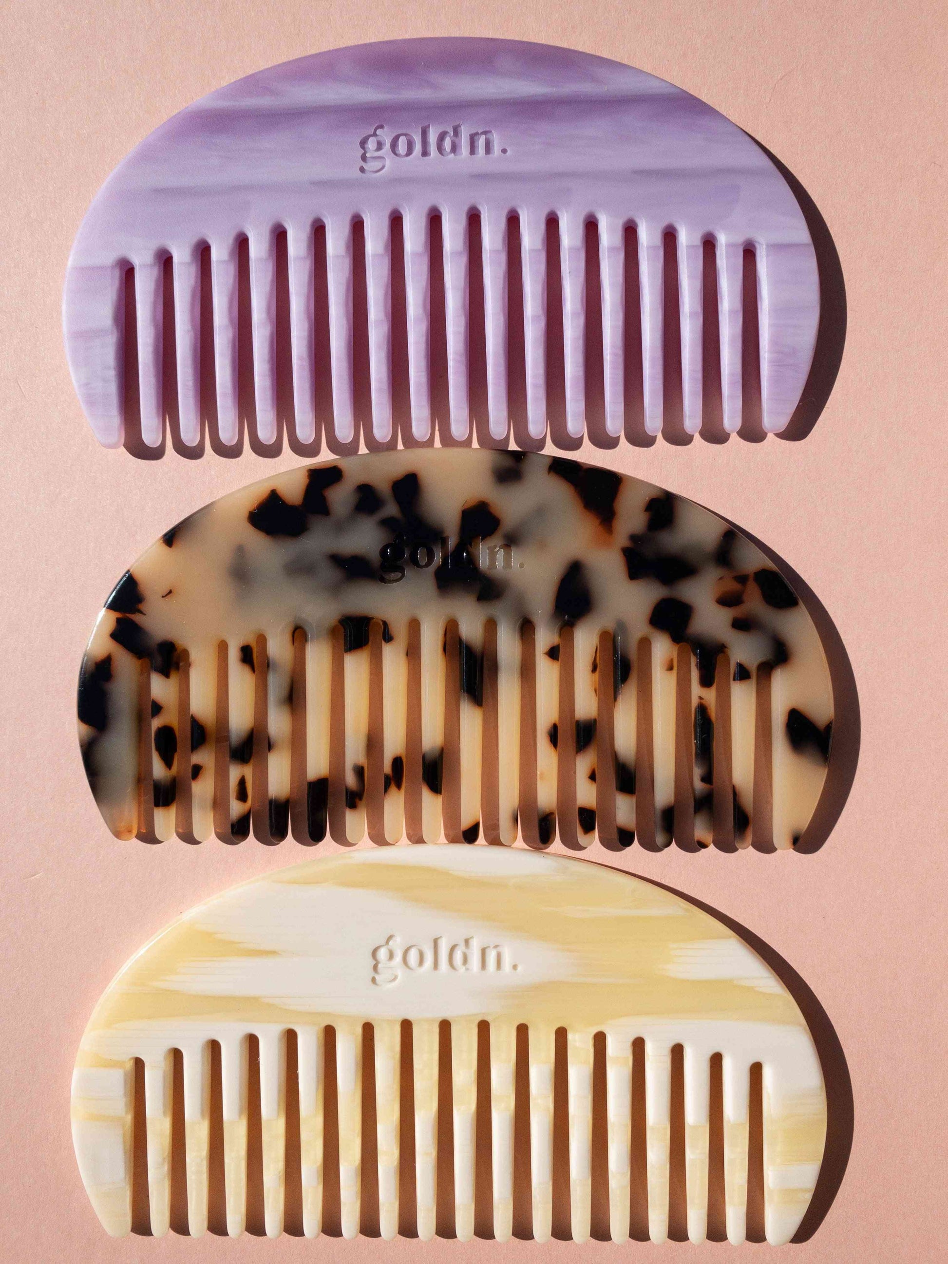 eco friendly acetate arch wide tooth comb in lilac, tortiseshell and cream marble by Goldn
